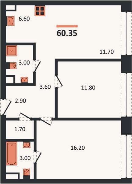 Планировка: 2-к, 60,4 м²