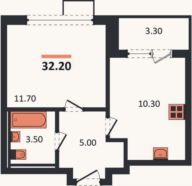Планировка: 1-к, 32,2 м²