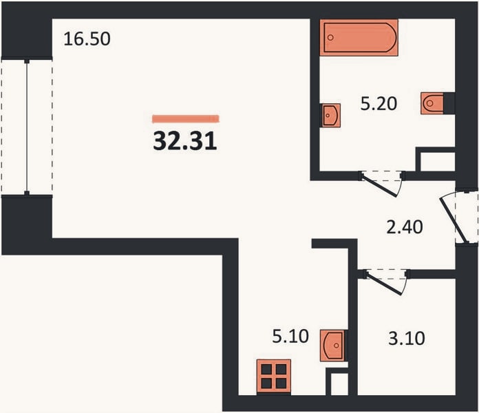 Планировка: Студия, 32,3 м²