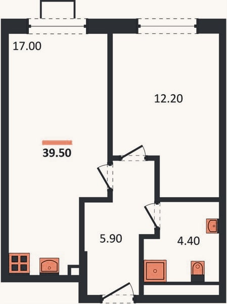 Планировка: 1-к, 39,5 м²