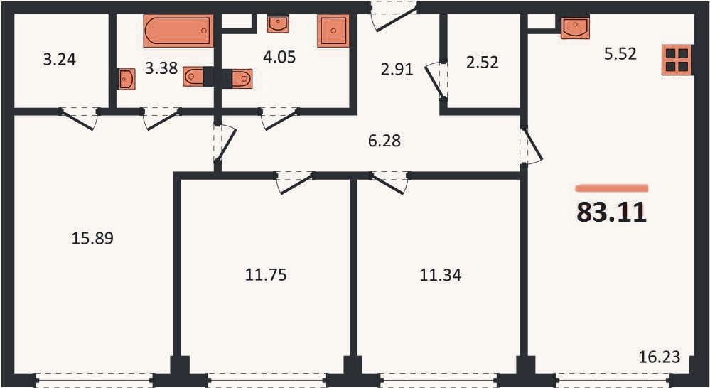 Планировка: 3-к, 83,1 м²