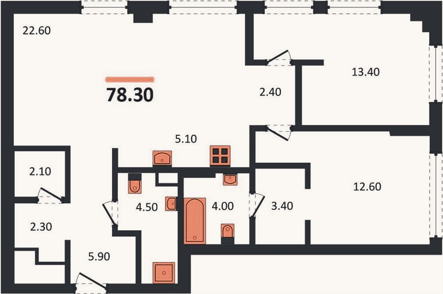 Планировка: 2-к, 78,3 м²