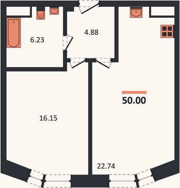 Планировка: 1-к, 50 м²