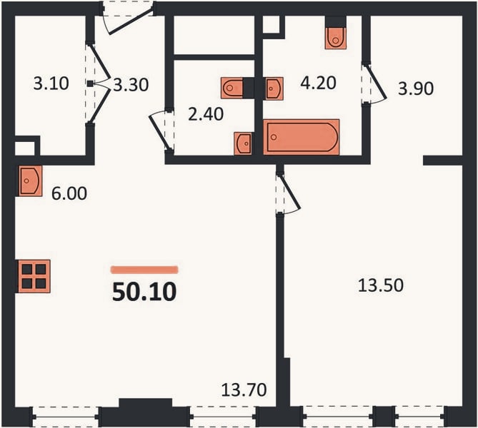 Планировка: 1-к, 50,1 м²