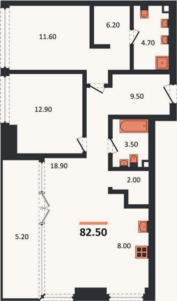 Планировка: 2-к, 82,5 м²