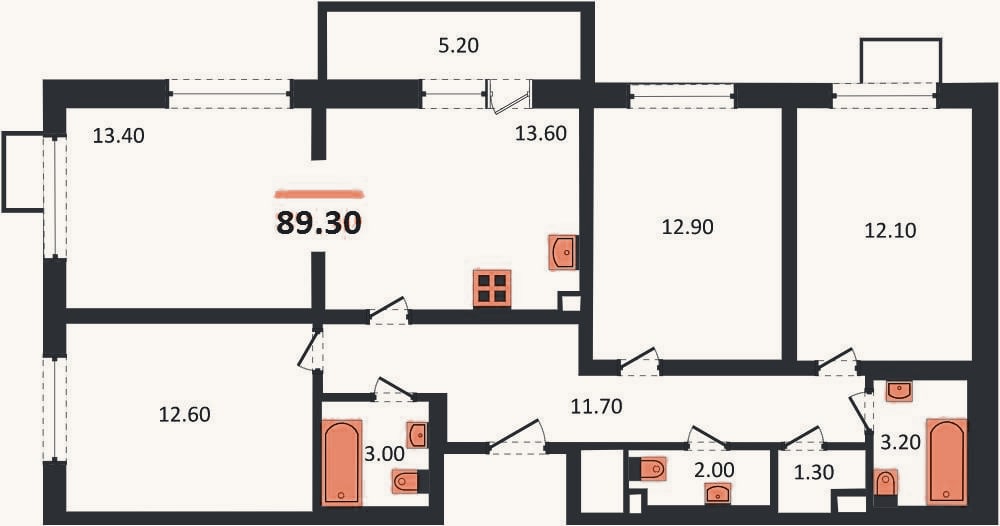 Планировка: 4+ к, 89,3 м²