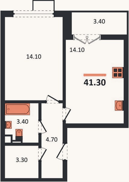 Планировка: 1-к, 41,3 м²