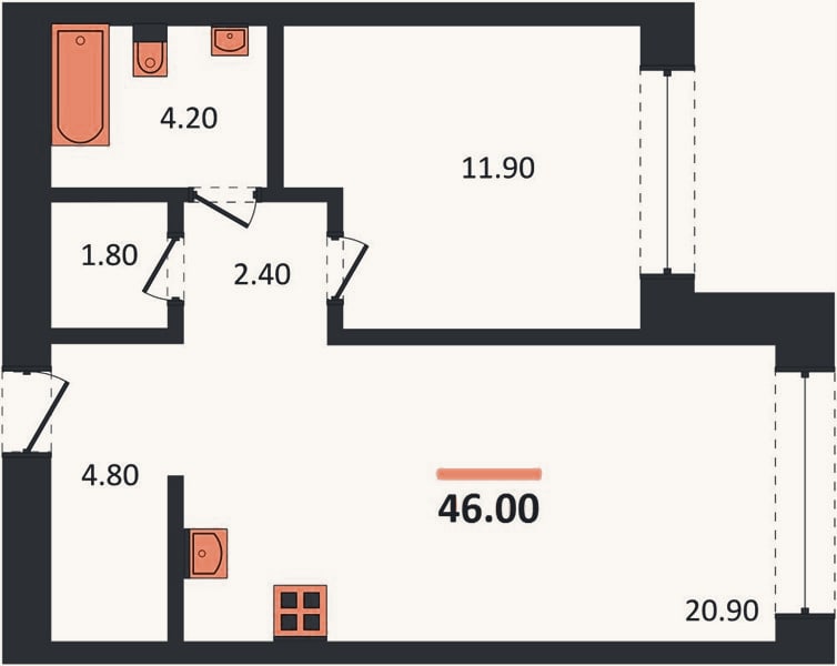 Планировка: 1-к, 46 м²