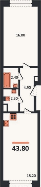 Планировка: 1-к, 43,8 м²