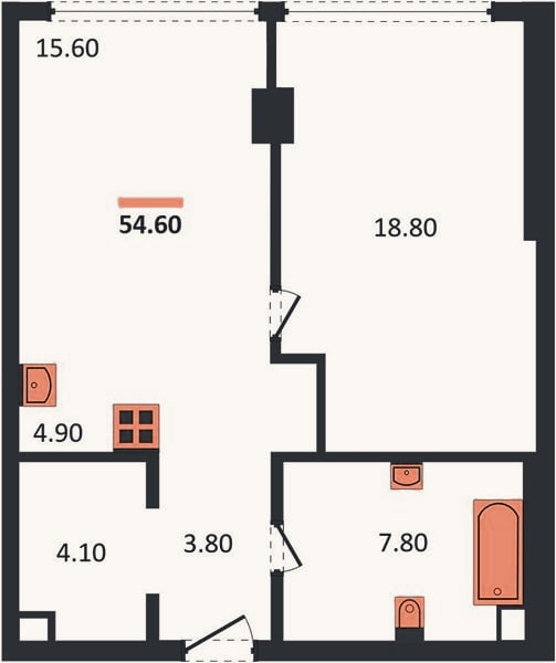 Планировка: 1-к, 54,6 м²
