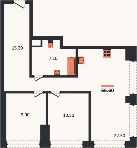 Планировка: 2-к, 66,6 м²