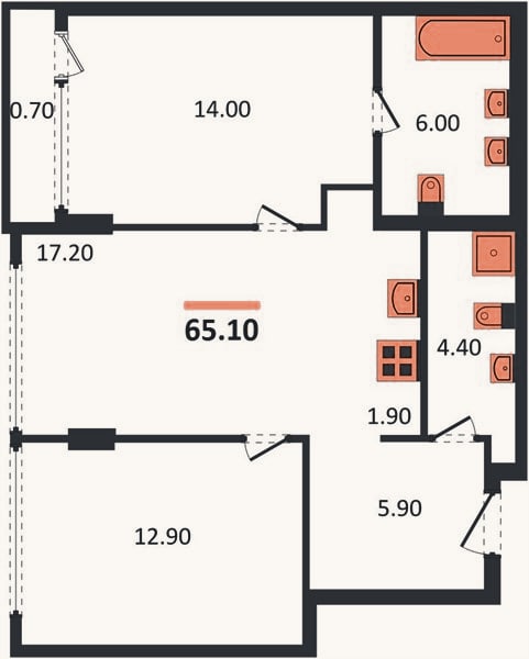 Планировка: 2-к, 65,1 м²