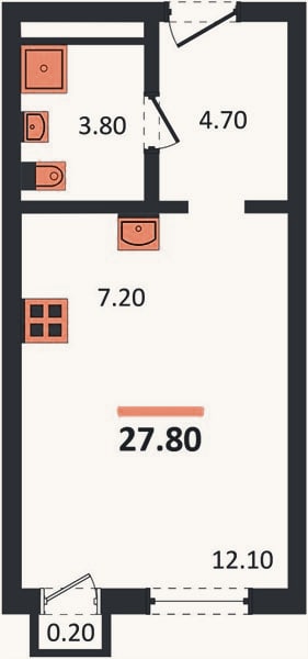 Планировка: Студия, 27,8 м²
