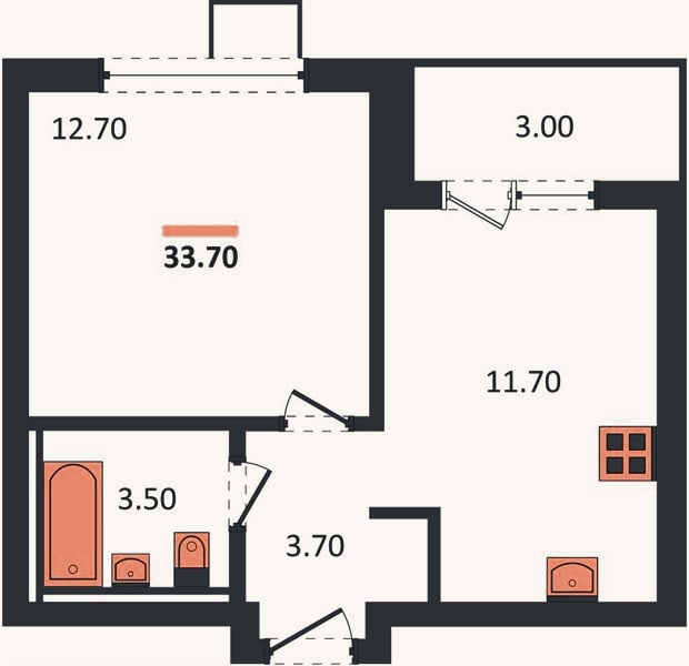 Планировка: 1-к, 33,7 м²