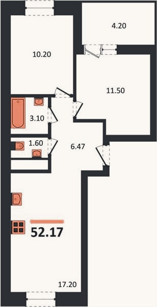 Планировка: 2-к, 52,2 м²