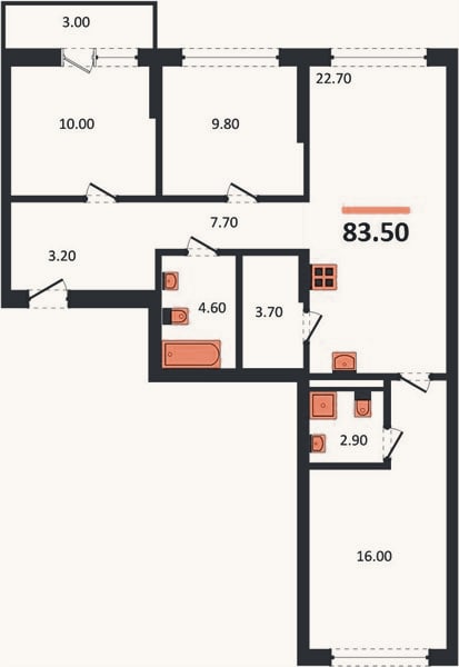 Планировка: 3-к, 83,5 м²