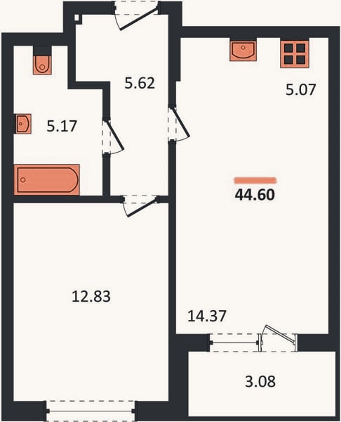 Планировка: 1-к, 44,6 м²