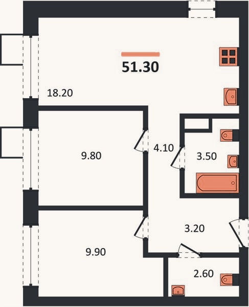 Планировка: 2-к, 51,3 м²