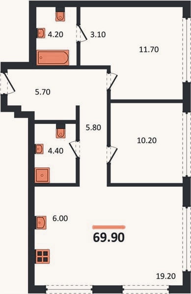 Планировка: 2-к, 69,9 м²