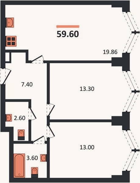 Планировка: 2-к, 59,6 м²