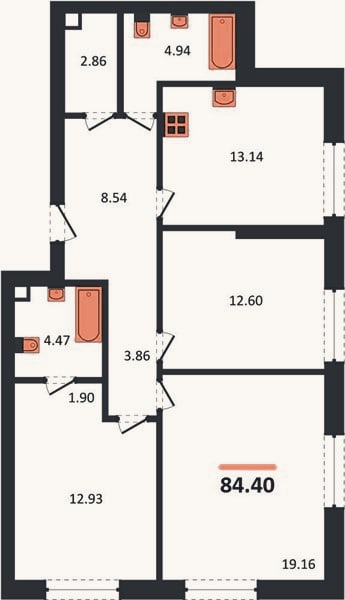 Планировка: 3-к, 84,4 м²