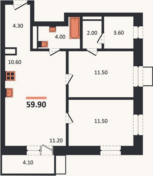 Планировка: 2-к, 59,9 м²
