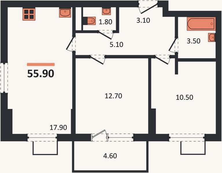 Планировка: 2-к, 55,9 м²