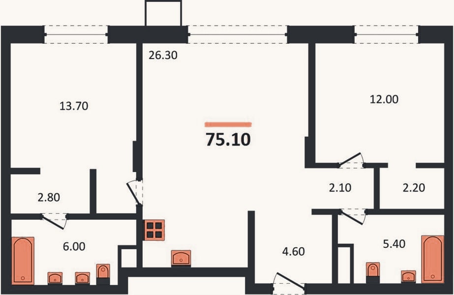 Планировка: 2-к, 75,1 м²