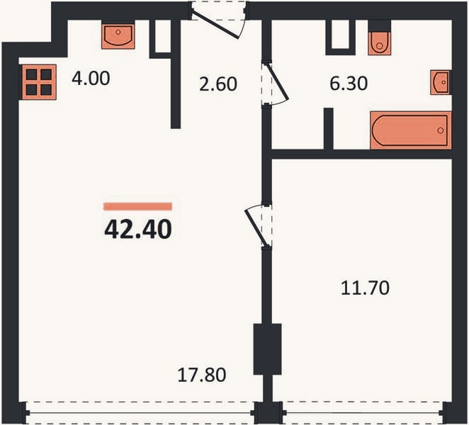 Планировка: 1-к, 42,4 м²