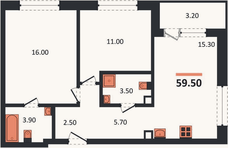 Планировка: 2-к, 59,5 м²