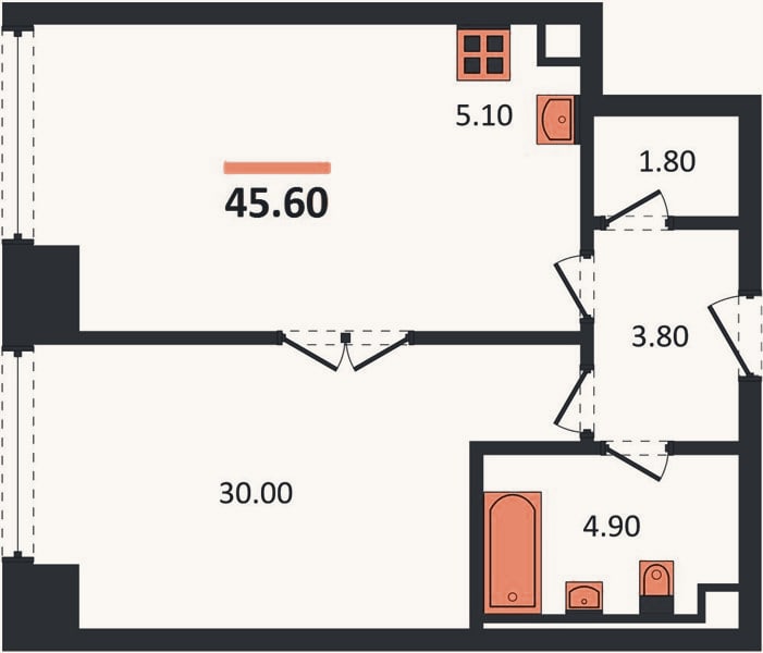 Планировка: 1-к, 45,6 м²