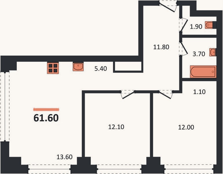 Планировка: 2-к, 61,6 м²