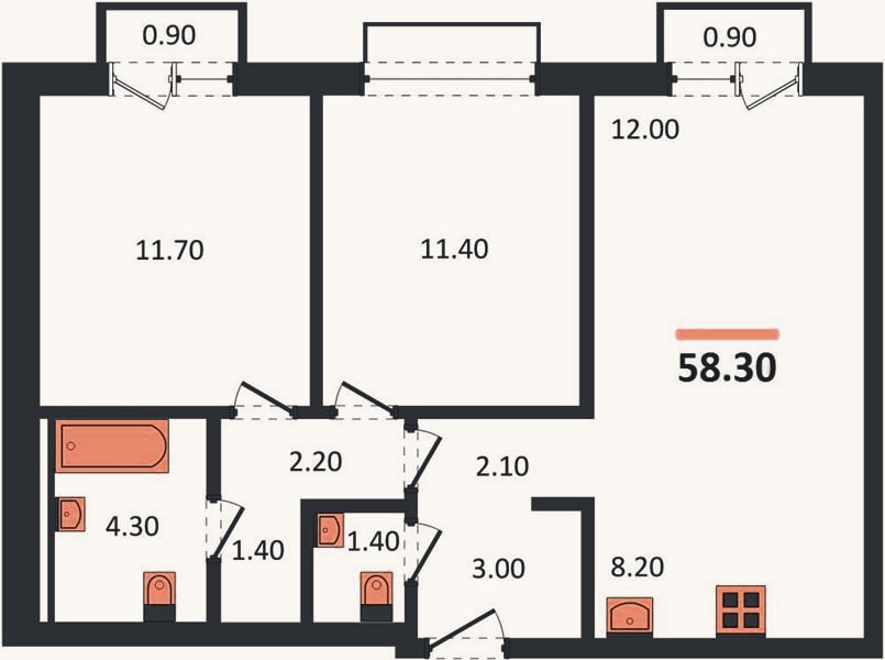 Планировка: 2-к, 58,3 м²