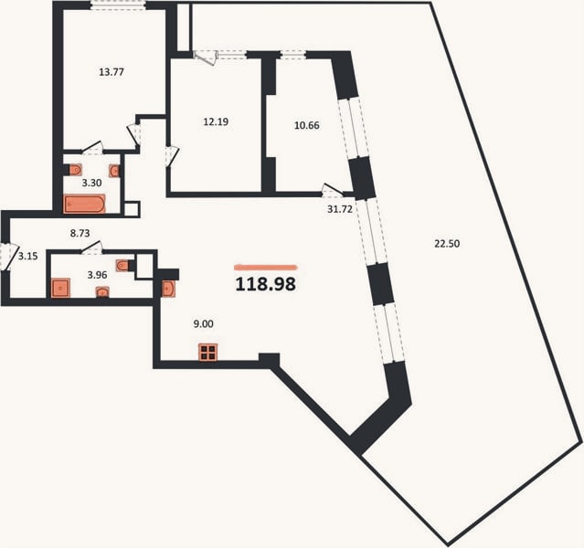 Планировка: 3-к, 119 м²