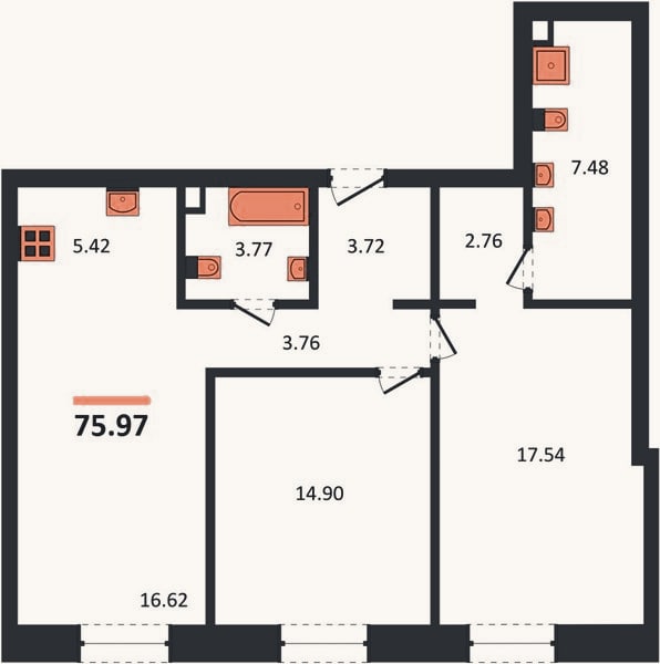 Планировка: 2-к, 76 м²