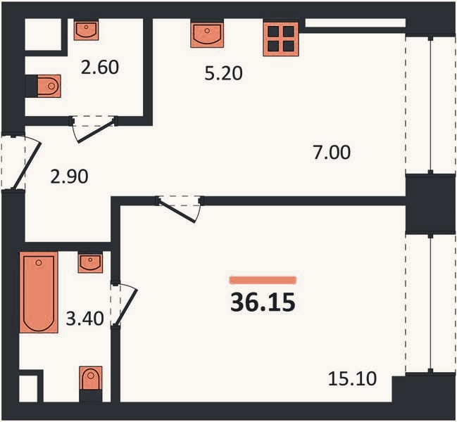 Планировка: 1-к, 36,2 м²