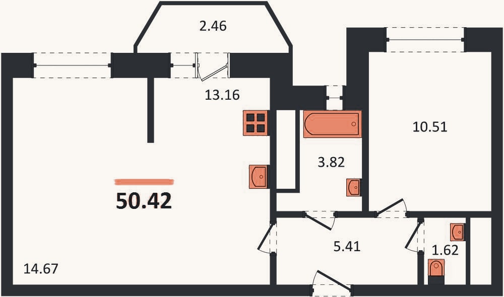 Планировка: 1-к, 50,4 м²