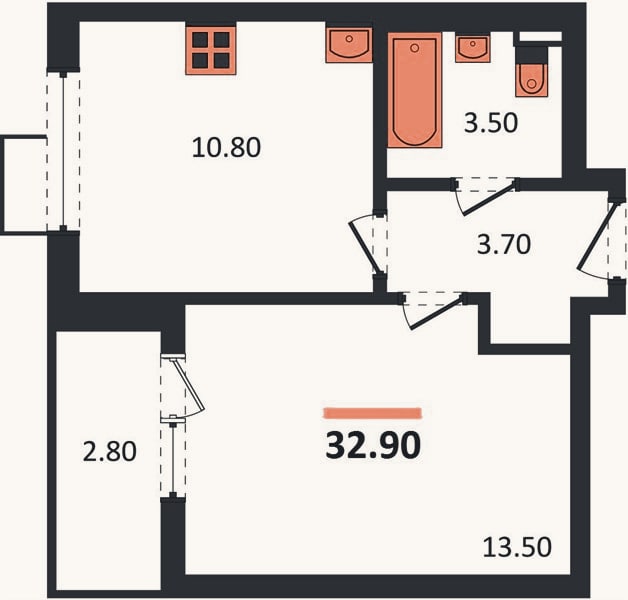 Планировка: 1-к, 32,9 м²