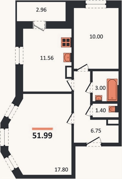 Планировка: 2-к, 52 м²