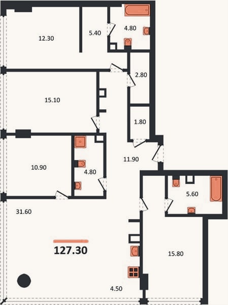 Планировка: 4+ к, 127,3 м²