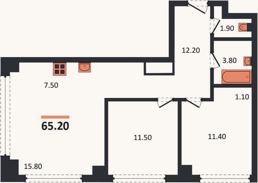 Планировка: 2-к, 65,2 м²