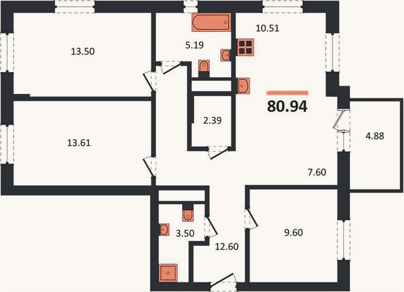 Планировка: 3-к, 80,9 м²