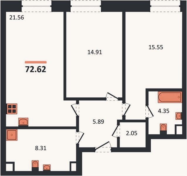 Планировка: 2-к, 72,6 м²