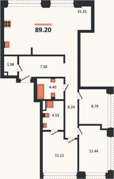 Планировка: 3-к, 89,2 м²