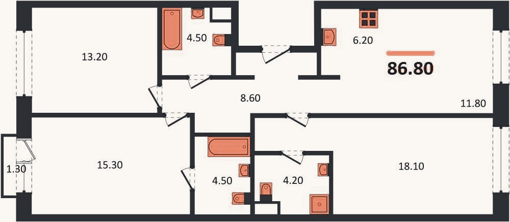 Планировка: 3-к, 86,8 м²