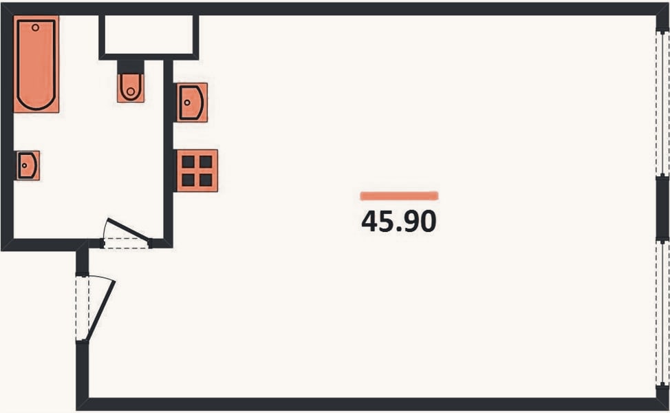 Планировка: 1-к, 45,9 м²