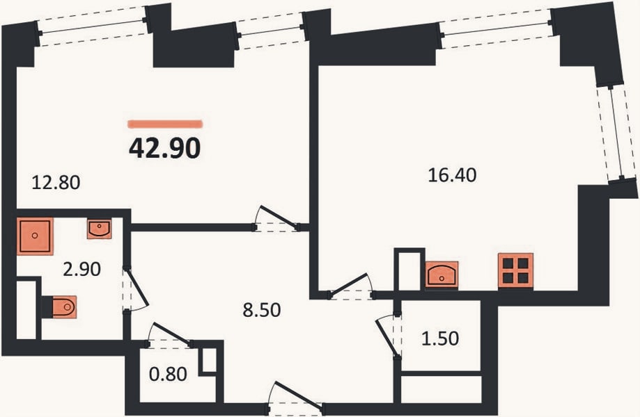 Планировка: 1-к, 42,6 м²