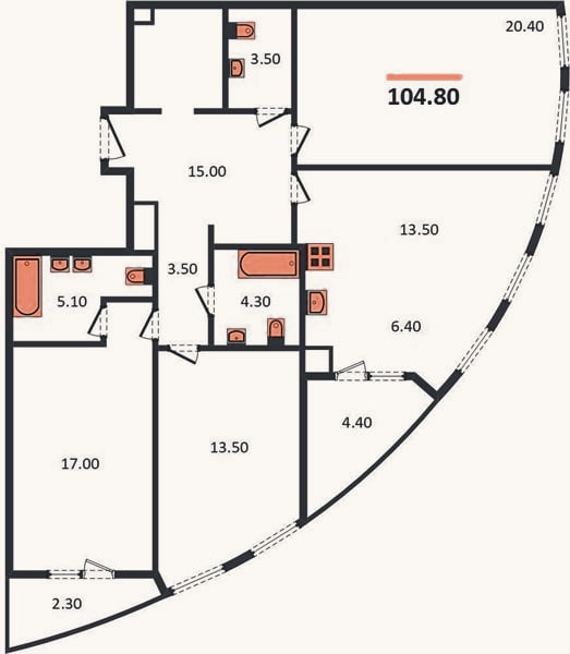 Планировка: 3-к, 104,8 м²