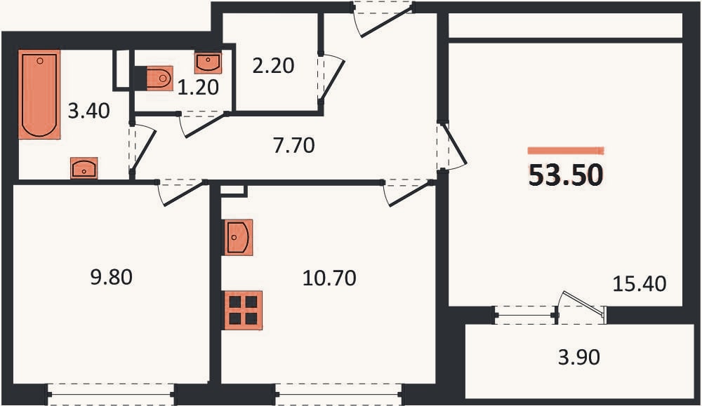 Планировка: 2-к, 53,5 м²