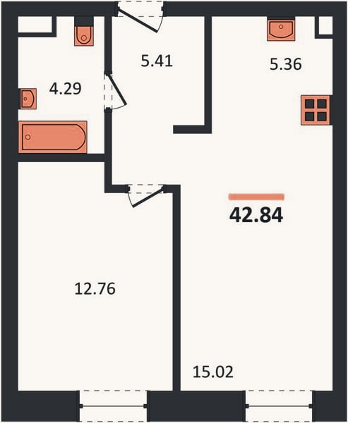 Планировка: 1-к, 42,8 м²